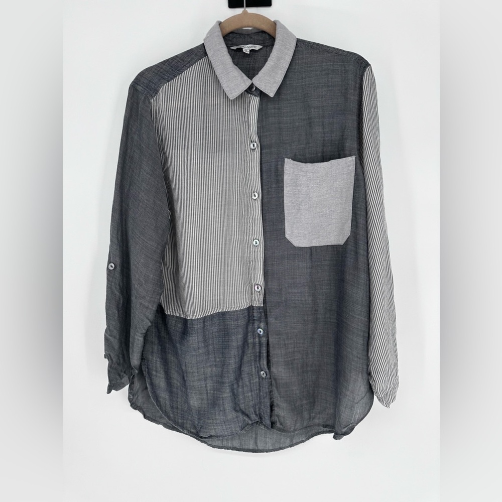 JOHN MARK Gray Long Sleeve Split Patchwork Roll Sleeve Button Up Shirt SIZE M